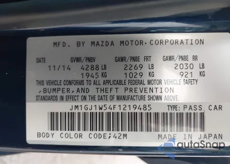 2015 Mazda Mazda6 I Grand Touring из США, поврежденный, VIN JM1GJ1W54F1219485